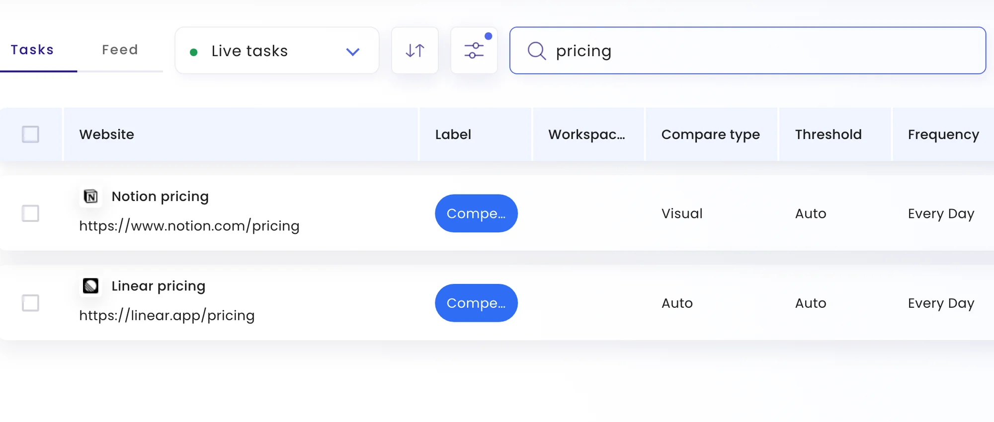 The task list filtered by the search term "pricing", showing two pricing tasks