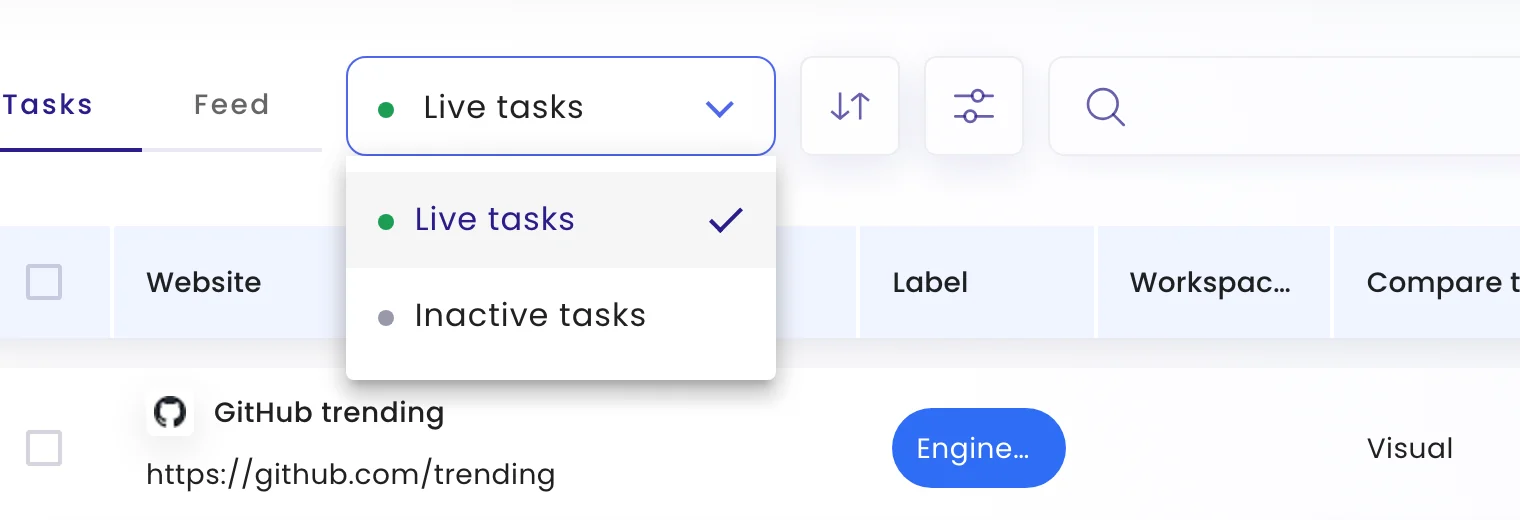 The Live tasks menu open, offering Live tasks and Inactive tasks