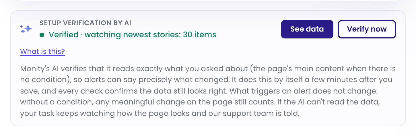 The Setup verification by AI card on a task: Verified · watching newest stories: 30 items