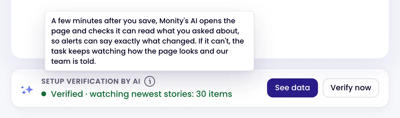 The Setup verification by AI card on a task: Verified · watching newest stories: 30 items