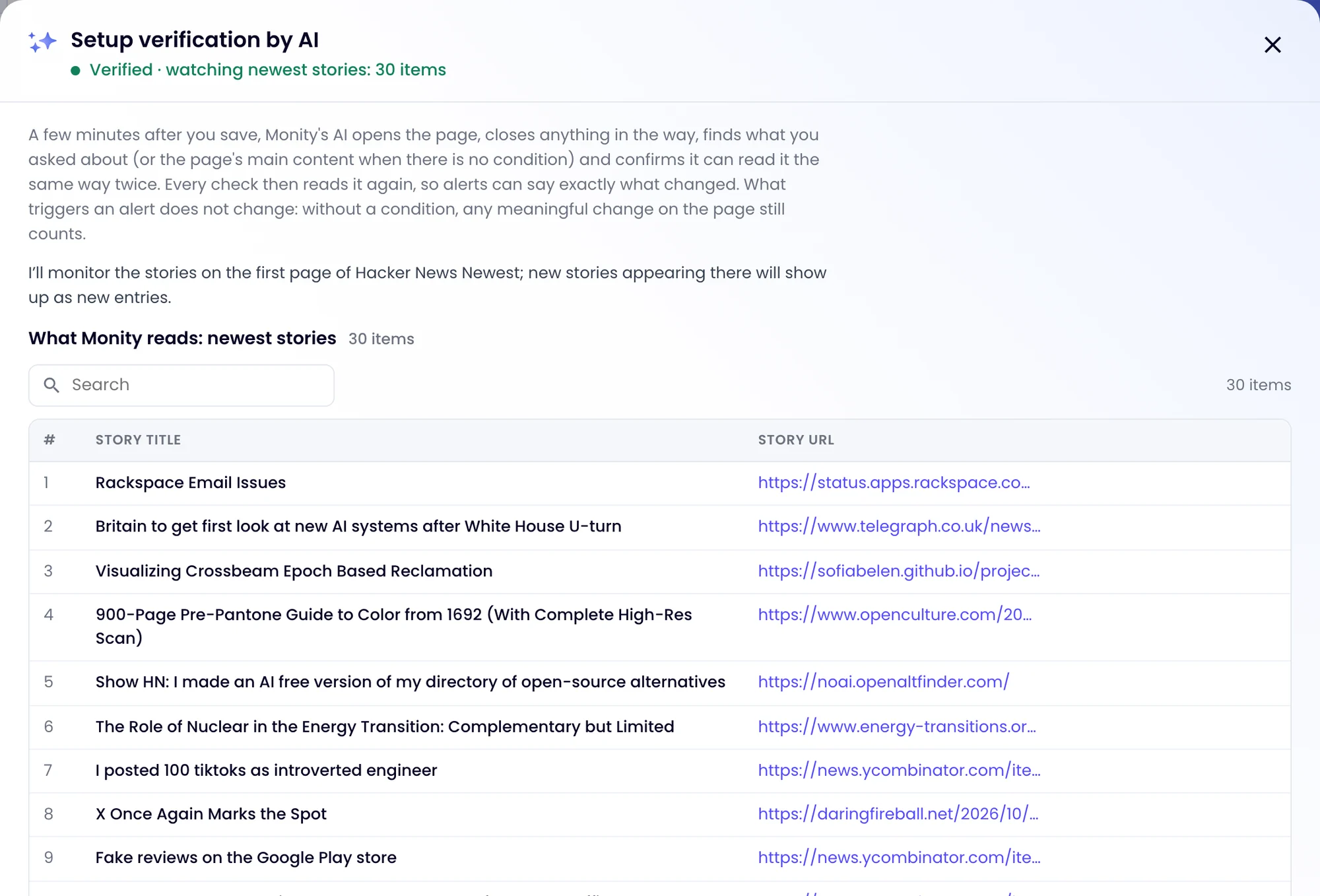 The Setup verification by AI window: the status, the AI's note on what it monitors, and a table of stories with their titles and addresses
