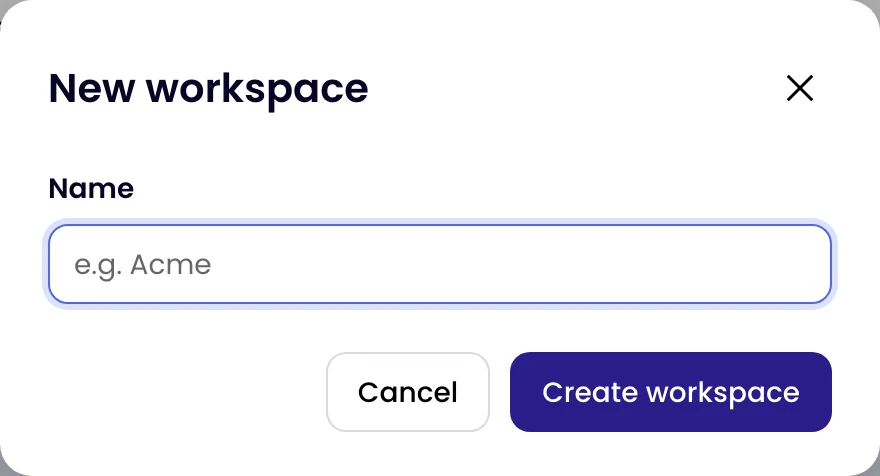 The New workspace dialog with a Name field and a Create workspace button