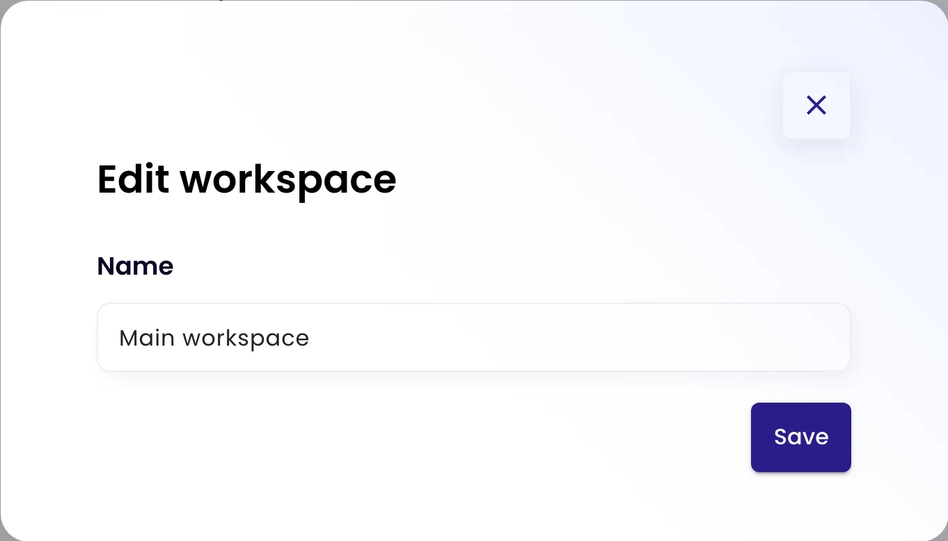 The Edit workspace dialog with the Name field and Save button