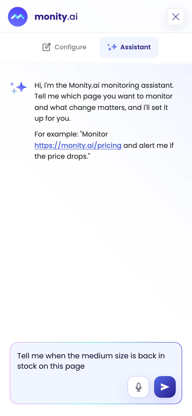 The assistant on a phone, with a request typed in the message box and the microphone button