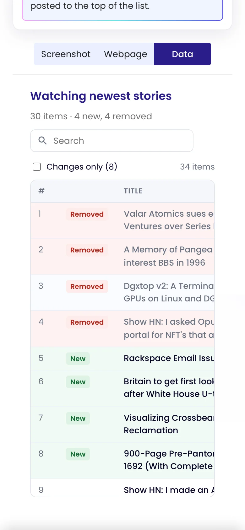 The Data view of a check on a phone: 30 items, 4 new and 4 removed, with removed stories marked