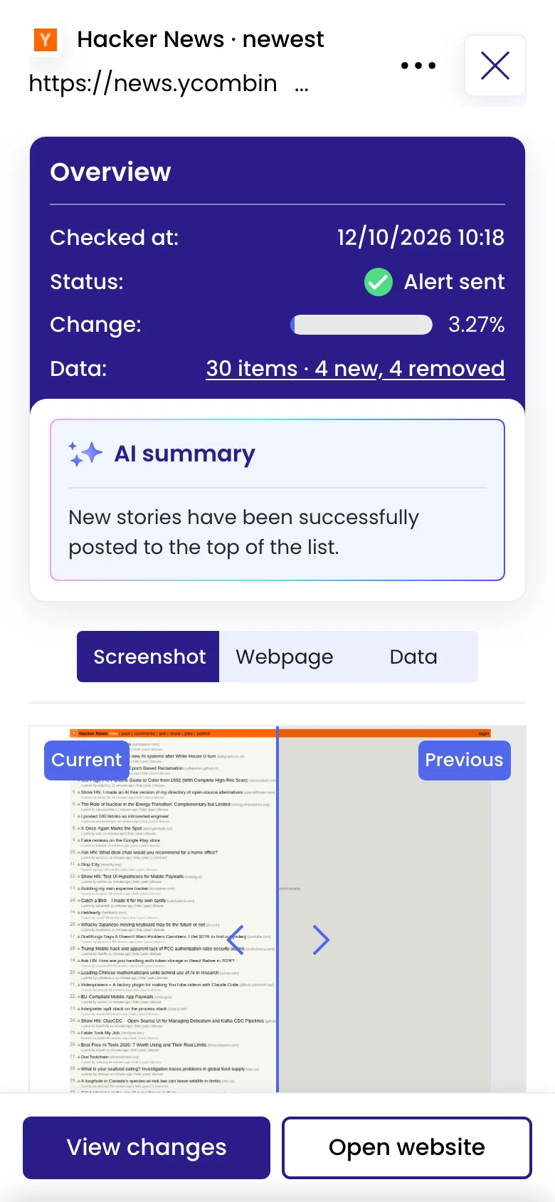 A check on a phone: the overview with Alert sent, the AI summary, and the before and after on a slider