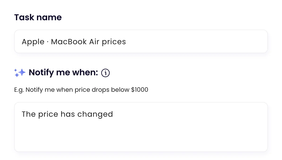 The task Apple · MacBook Air prices in Monity, with the rule the assistant wrote: “The price has changed”