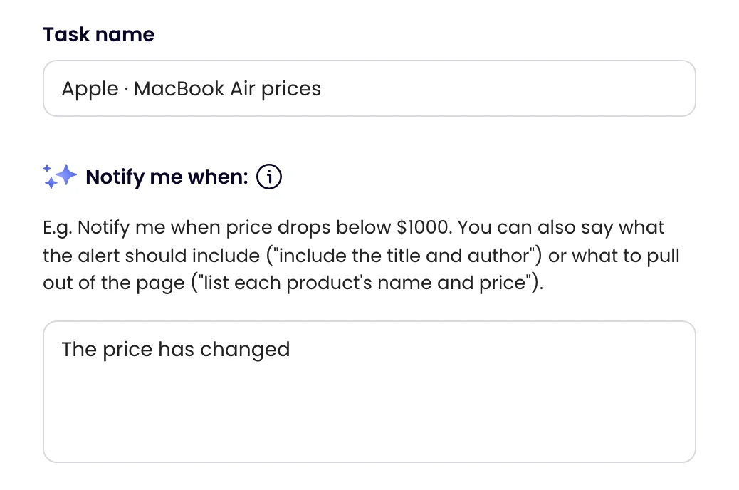 A Monity task named Apple · MacBook Air prices with the rule: The price has changed