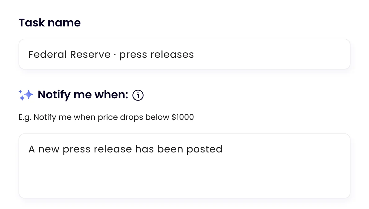 The task Federal Reserve · press releases in Monity, with the rule the assistant wrote: “A new press release has been posted”