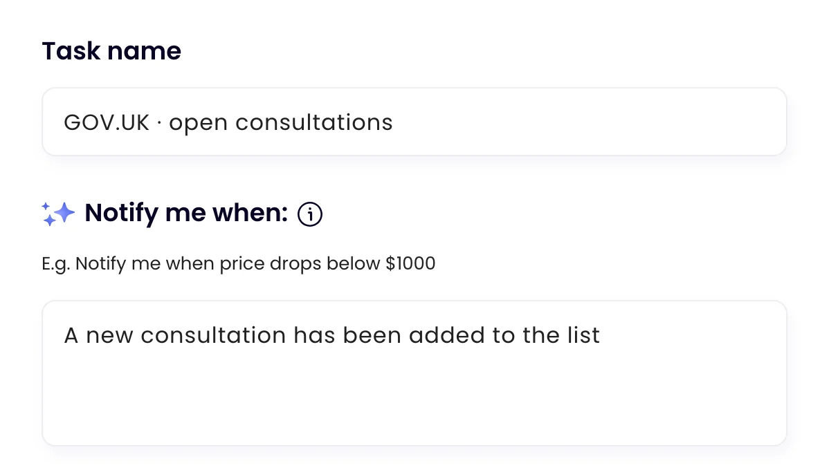 The task GOV.UK · open consultations in Monity, with the rule the assistant wrote: “A new consultation has been added to the list”