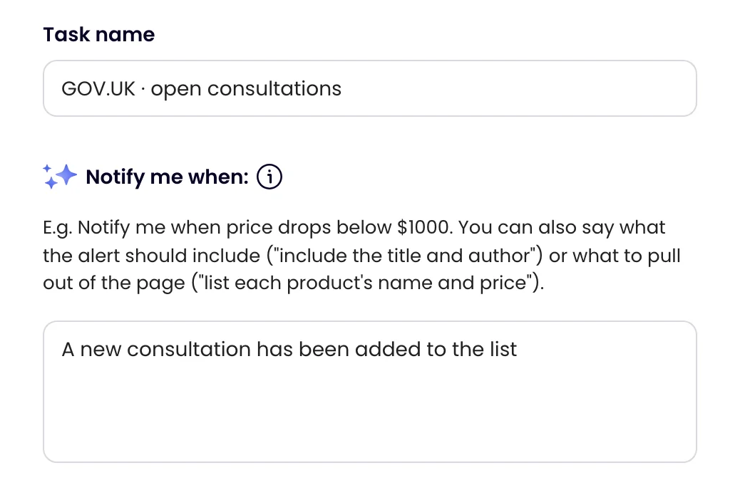 The task GOV.UK · open consultations in Monity, with the rule the assistant wrote: “A new consultation has been added to the list”