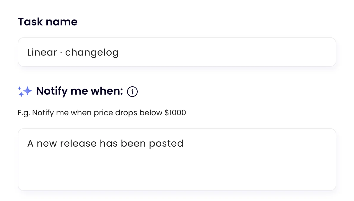 The task Linear · changelog in Monity, with the rule the assistant wrote: “A new release has been posted”