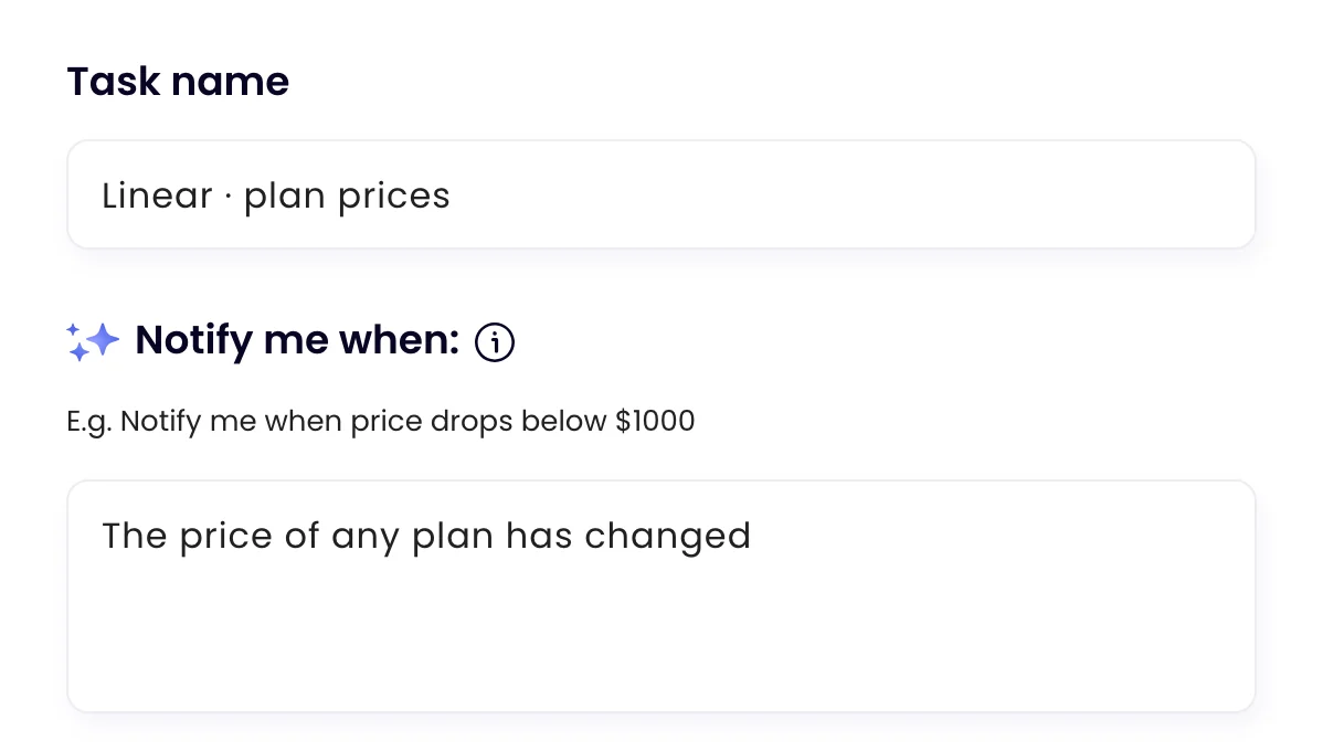 The task Linear · plan prices in Monity, with the rule the assistant wrote: “The price of any plan has changed”
