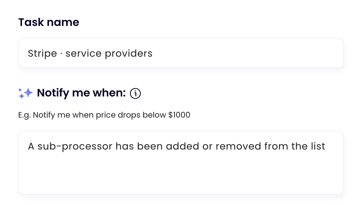 The task Stripe · service providers in Monity, with the rule the assistant wrote: “A sub-processor has been added or removed from the list”