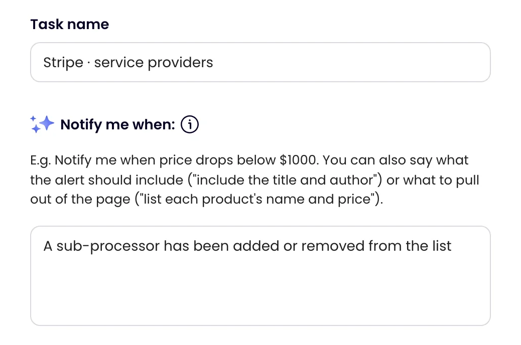 A Monity task named Stripe · service providers with the rule: A sub-processor has been added or removed from the list