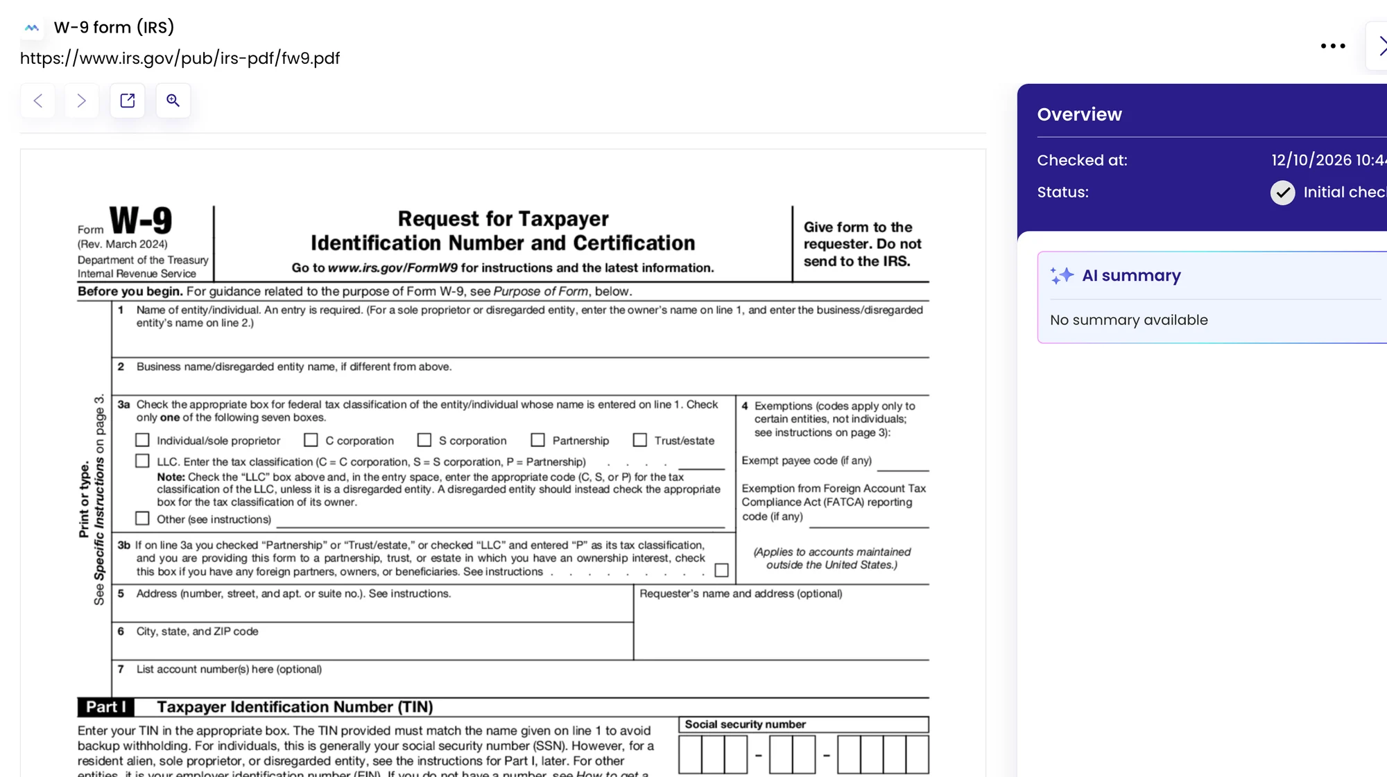 A Monity check of the IRS W-9 form: the PDF rendered as a page, with its address above