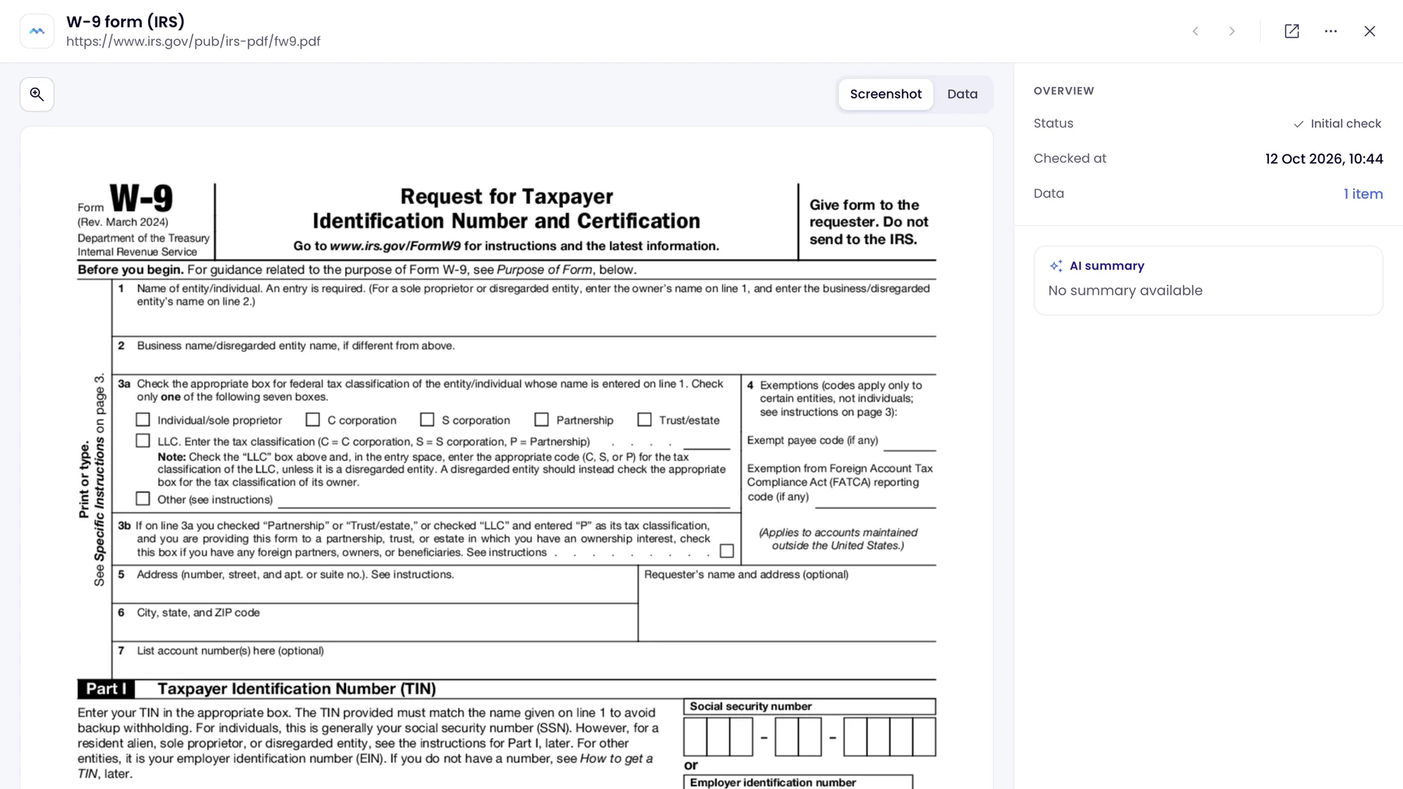 A Monity check of the IRS W-9 form: the rendered PDF pages with the changes and the check’s tabs