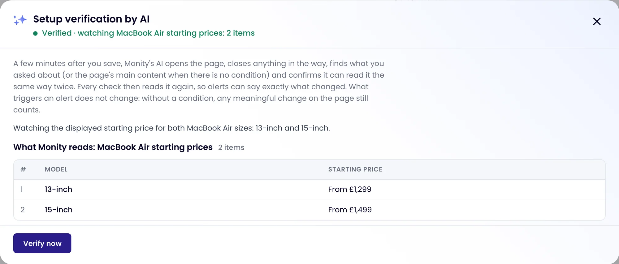 Monity’s setup verification on a store page: Verified · watching MacBook Air starting prices, 13-inch and 15-inch