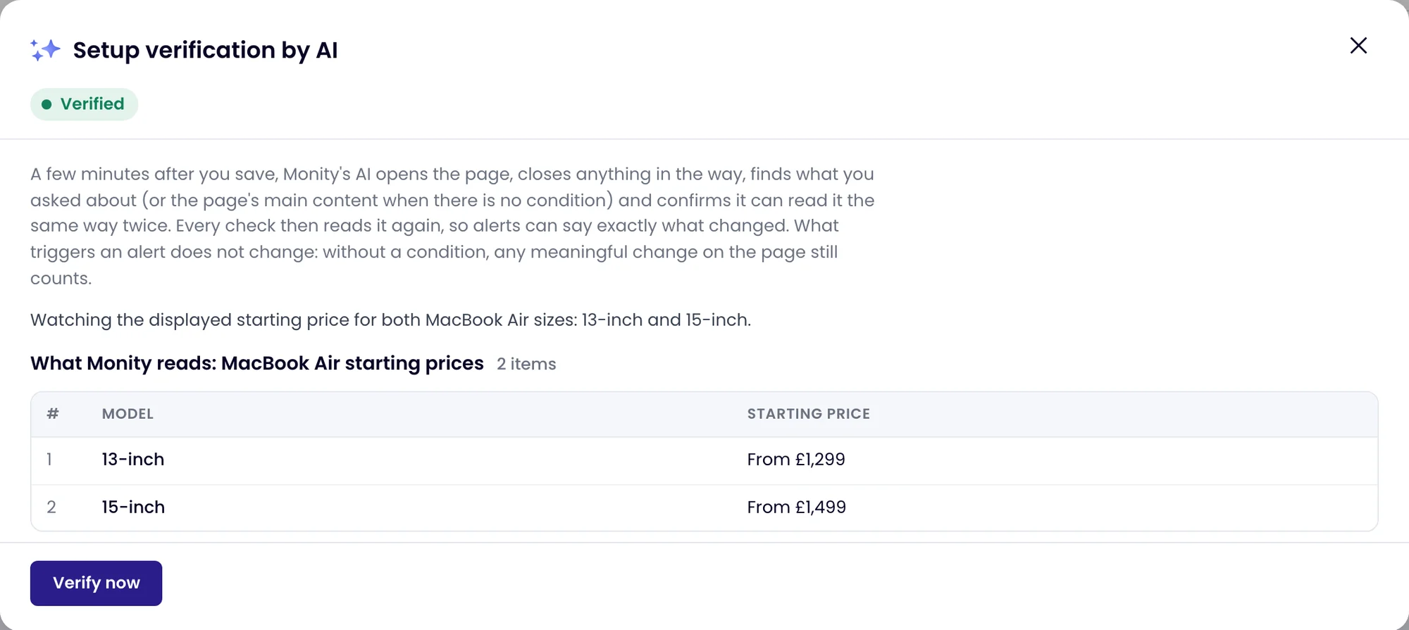 Monity’s setup verification for an Apple store page: Verified · watching MacBook Air starting prices, 13-inch from £1,299 and 15-inch from £1,499