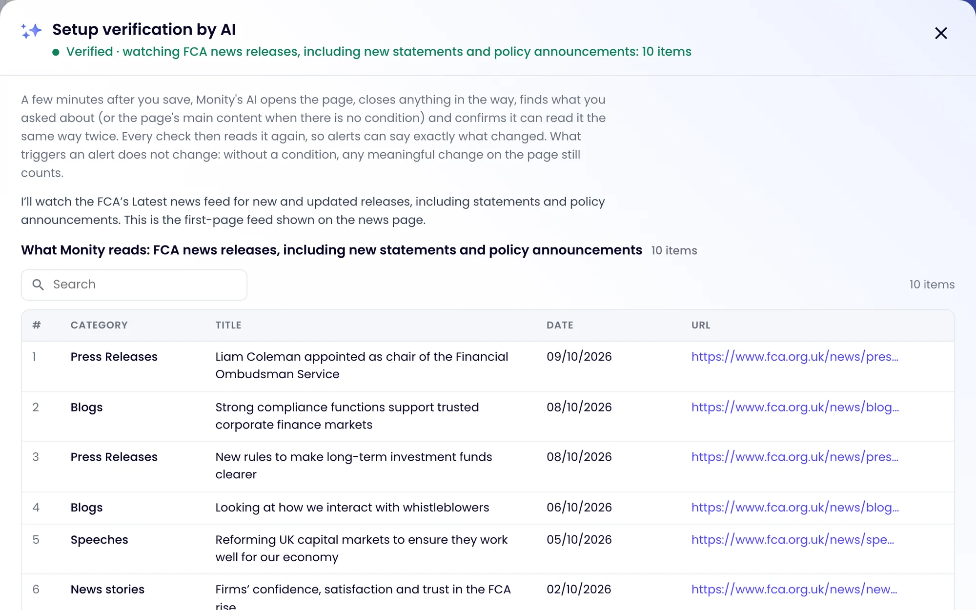 Monity’s setup verification on the FCA news page: Verified · watching news releases, with each release, its category, date and link