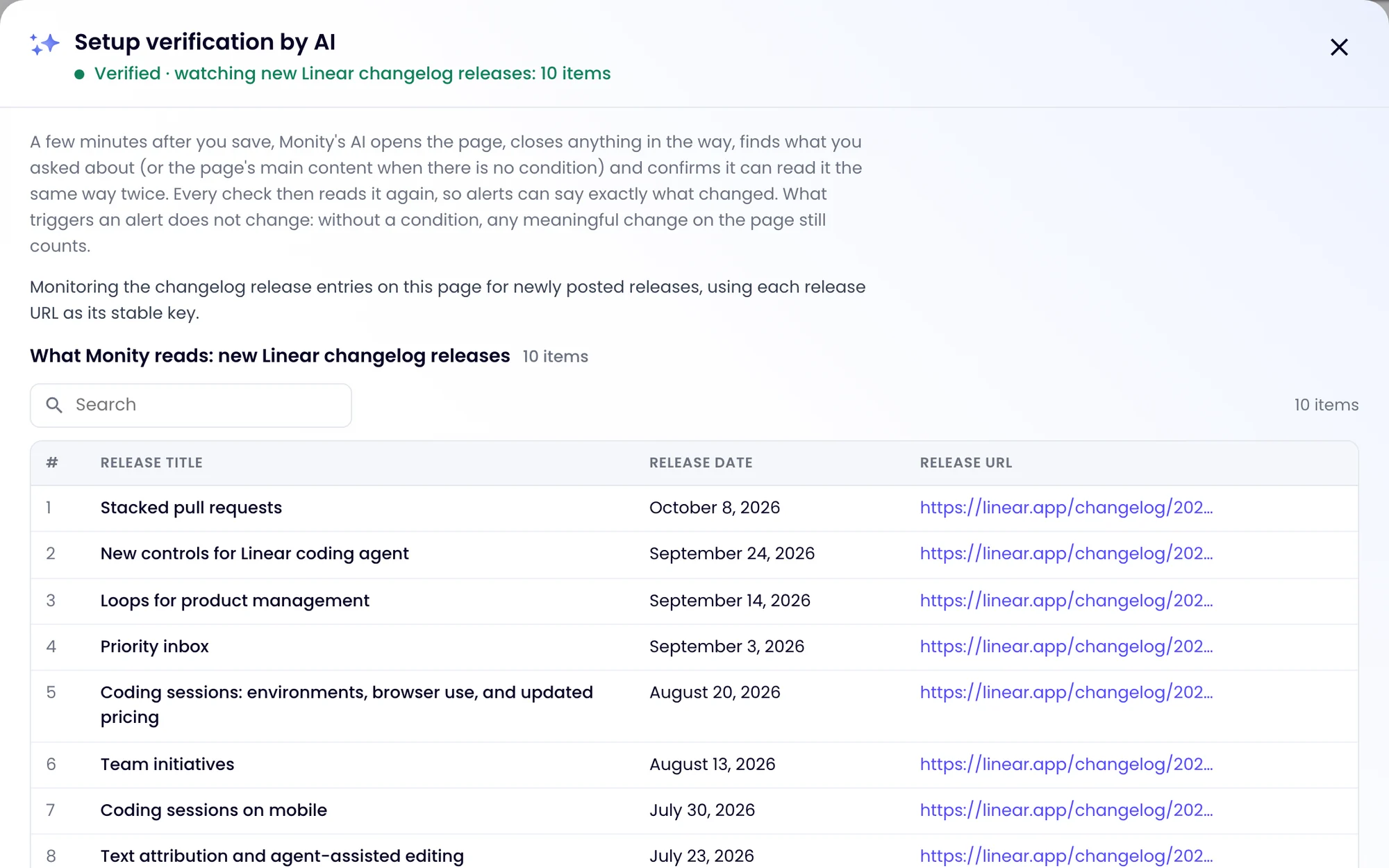 Monity’s setup verification on linear.app/changelog: Verified · watching new releases, with each release, its date and link