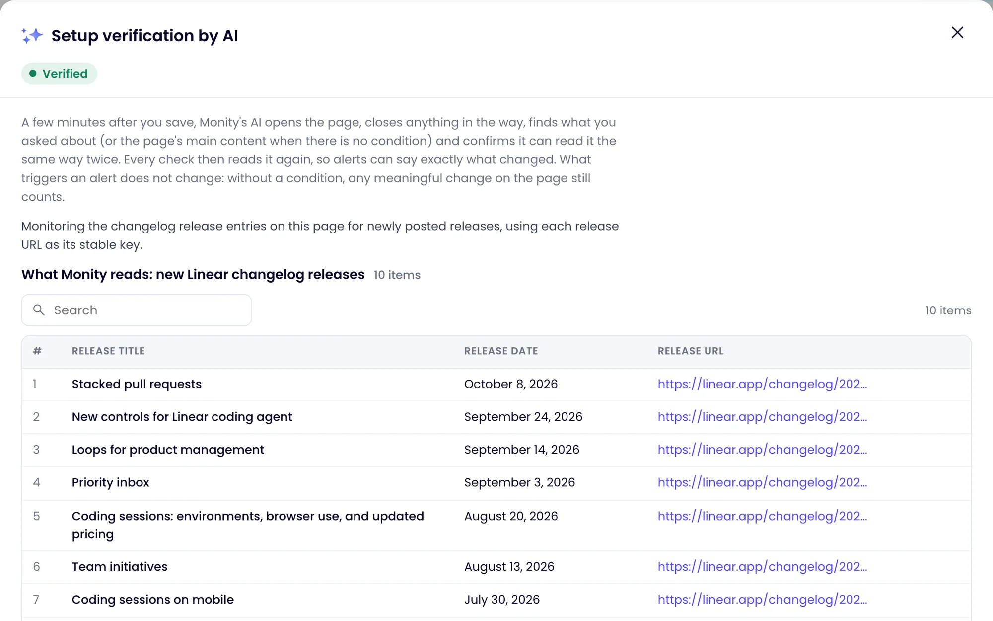 Monity’s setup verification for linear.app/changelog: Verified · watching new releases, listing each release with its date and link