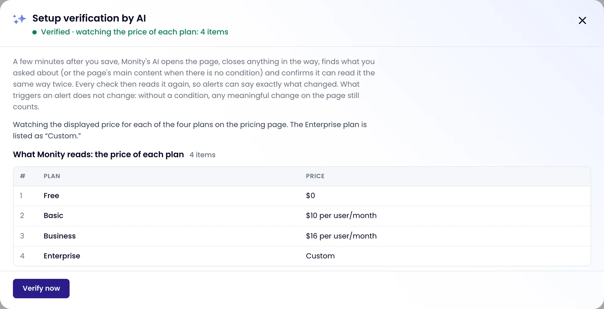Monity’s setup verification on linear.app/pricing: Verified · watching the price of each plan, with the four plans and prices it reads