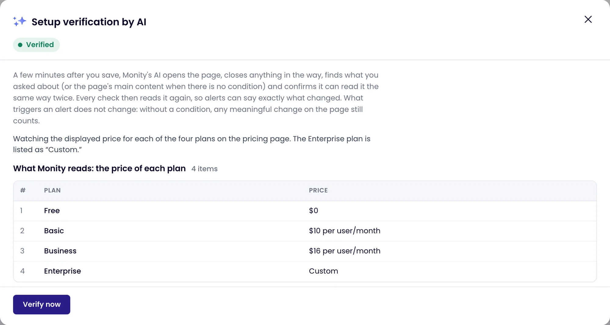 Monity’s setup verification for linear.app/pricing: Verified · watching the price of each plan, listing four plans and their prices