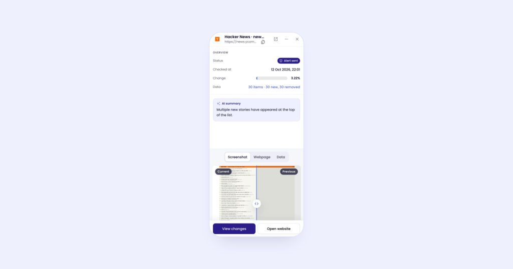 A Monity check in the phone app: Alert sent, the change and an AI summary of what changed