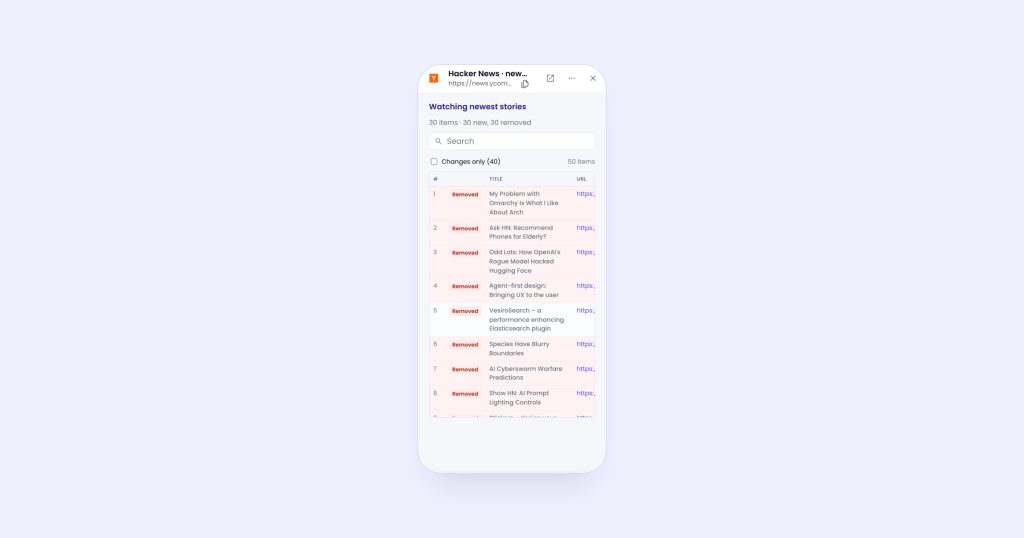 A Monity check’s data in the phone app: the items read from the page, each marked New or Removed