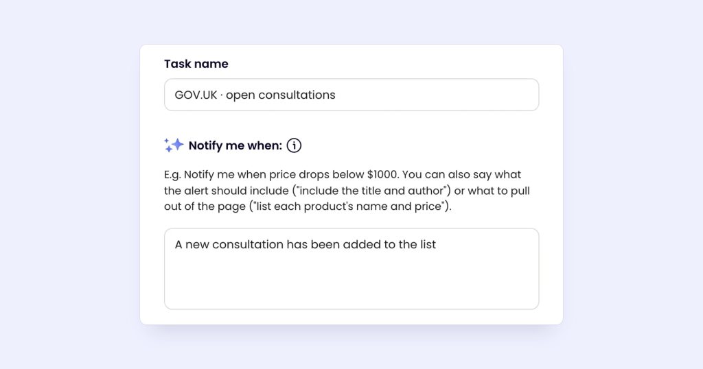 A Monity task named GOV.UK · open consultations with the rule: A new consultation has been added to the list