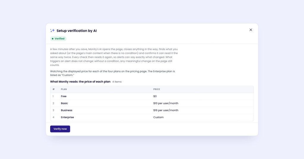 Monity’s setup verification on linear.app/pricing: Verified · watching the price of each plan, with the four plans and prices it reads